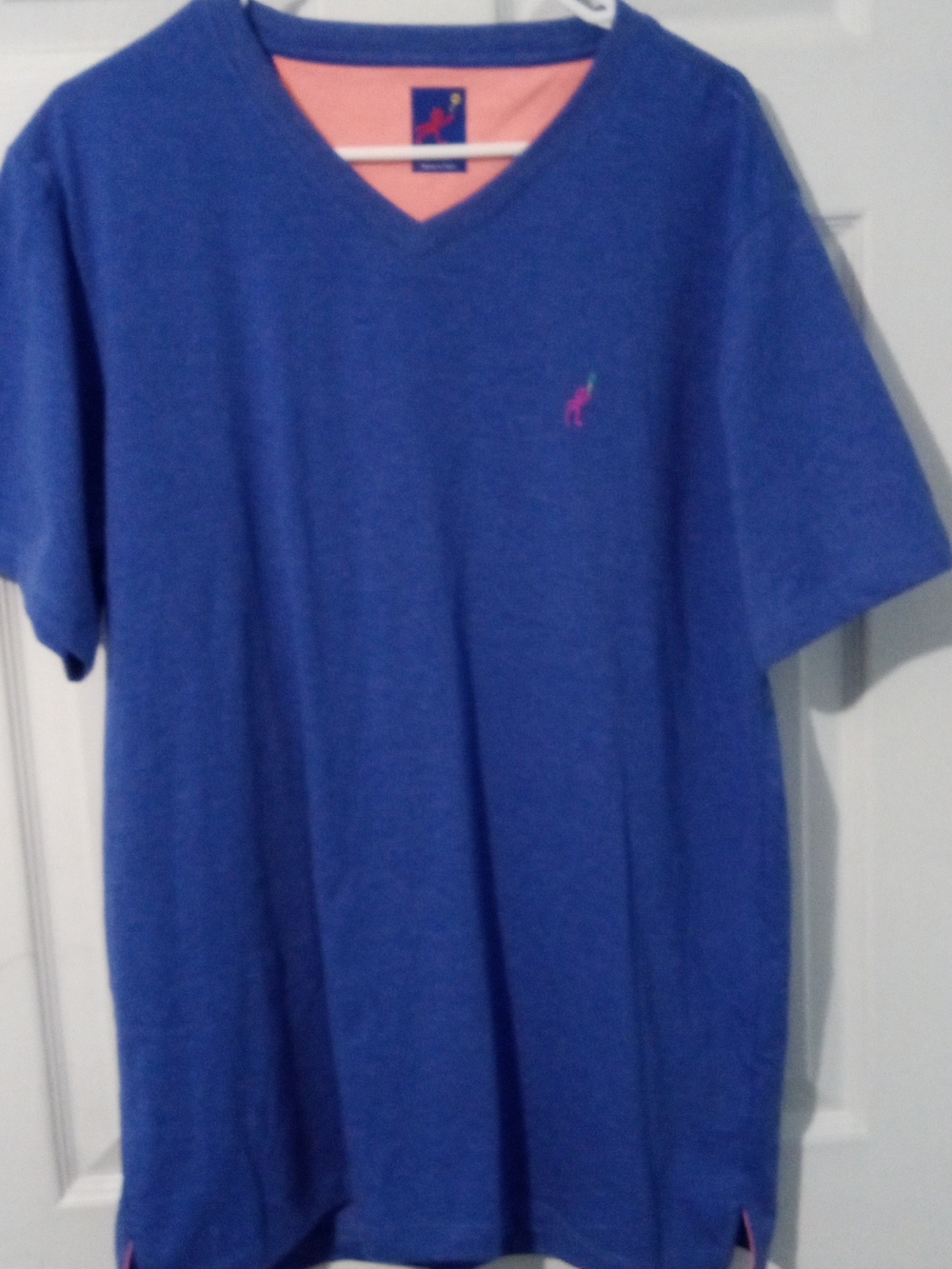 Michaels Blue V-Neck Short Sleeve Tee with Pink Logo
